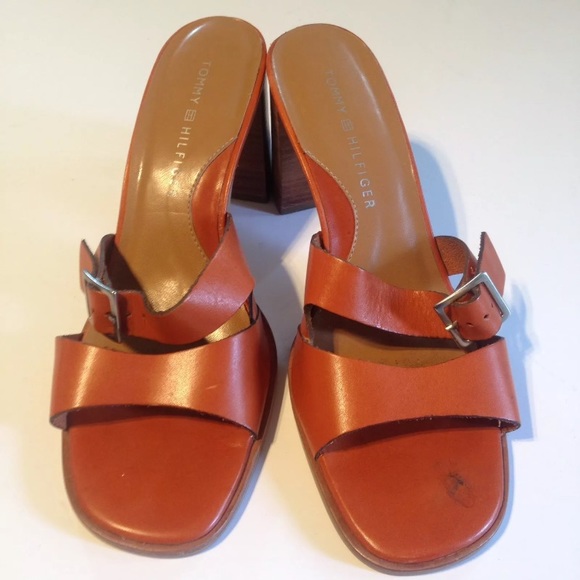 Tommy Hilfiger Orange Leather Slides Wooden Heels - Picture 4 of 8